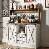 4ever2buy Farmhouse Coffee Bar Cabinet with 6 Hooks, 47'' Kitchen Coffee Bar with Hutch and 9 Wink Racks, White Coffee Bar Table with Sliding Barn Door for Dining Living Room 4ever2buy