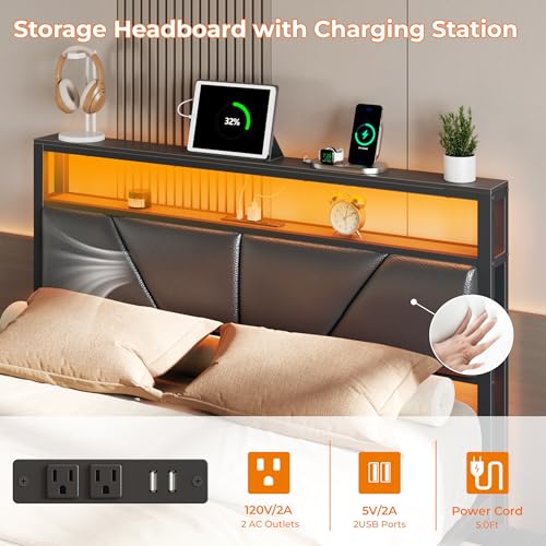 OURPIC Full Size Bed Frame, 2-Tier Storage Headboard & 6 Drawers, PU Leather Upholstered Platform Bed Frame Full with Charging Station and LED Lights, No Box Spring Needed, Noise Free OURPIC