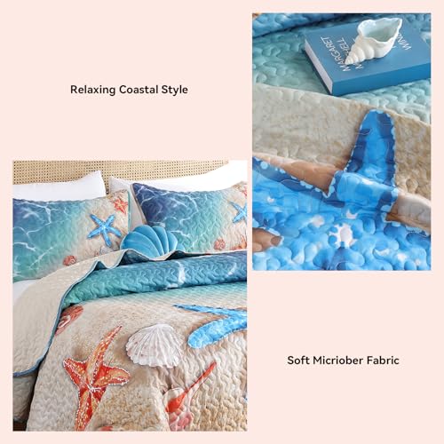 weigelia Coastal Quilt Set King Size – 3 Piece Lightweight Beach Themed Bedding, Soft & Breathable Polyester Coverlet, All Season Quilts & Bedspread for Bedroom Décor weigelia