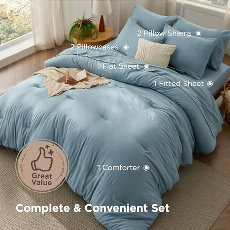 Bedsure King Size Comforter Set, Dusty Blue Soft Prewashed Bedding for All Seasons, 7 Pieces Warm Winter Down Alternative Bed Set, Fluffy Bed in a Bag with Sheets, Pillowcases & Shams Bedsure