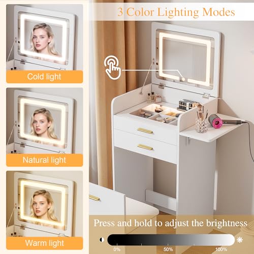 KDCAS 3 in 1 Small Vanity Desk with Flip Top Mirror and Lights| 20" Compact Makeup Vanity Set with Hidden Storage Stool & 2 Drawers| Mini Dressing Table for Bedroom(White) KDCAS