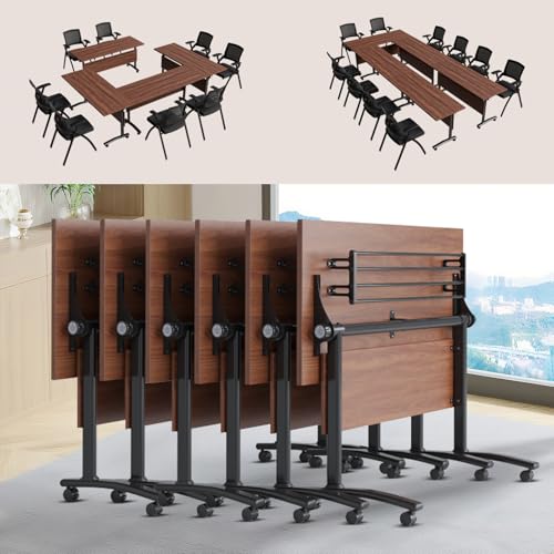 Folding Conference Table, Conference Room Tables for 6-12 Person, Modern Modular Training Table with 360° Silent Wheels, Large Mobile Foldable Seminar Meeting Tables for Office (6, Walnut, 47.2in) Jklmzpf