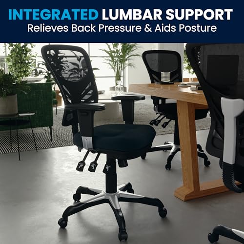 Flash Furniture Nicholas Mid-Back Swivel Desk Chair with Wheels, Mesh Back, Padded Seat, and Armrests, Adjustable Height Mesh Ergonomic Office Chair, Black Flash Furniture