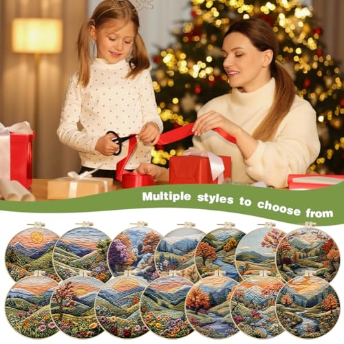 EUBUY Embroidery Kit for Beginners, Nature Landscape Pre-Stamped Pattern Kits for Adults, Hand Embroidery Kit with Hoop, Color Threads,Tools for Craft Lover Hand Stitch