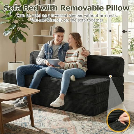 NLDD 5-in-1 Convertible Sofa Bed, Boneless Couch Loveseat Sleeper with Removable Cushions & Washable Cover, Futon Sofa Bed with Handle, Pull Out Couch for Small Spaces, Full Size, Black NLDD