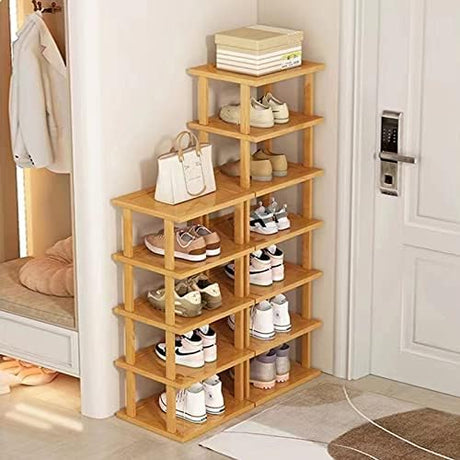 SAN HE 12-Tier Bamboo Shoe Rack - Vertical Slim Organizer for Small Spaces SAN HE