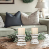 Candle Holder for Pillar Candle Set of 2, Farmhouse Wood Candle Holder, Rustic Wooden Candle Stand, Vintage Small Wooden Candlestick Holders for Living Room, Table Centerpiece, Rustic White CEDARLUX