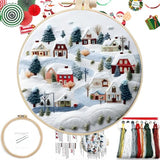 FONNUY Crewel Christmas Embroidery Kit for Beginners, Cross Stitch Set Winter Snow Scene Pine Owl Pattern for Adults, Easy to Follow Color Thread Needlework, 8'' Hoop (Snow Village)