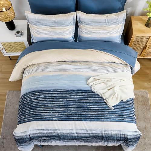 WONGS BEDDING Blue Comforter Set Full Size, 7 Pieces Full Bed in a Bag for All Season, Soft and Breathable Striped Bedding Set with Boho Comforter, Flat Sheet, Fitted Sheet, Pillowcases & Shams WONGS BEDDING