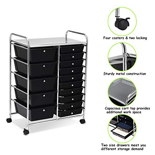 15 Drawer Rolling Storage Cart, Mobile Utility Cart with Lockable Wheels, Drawers, Multipurpose Organizer Cart for Home, Office, School, Black COSTWAY