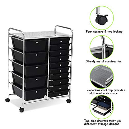 15 Drawer Rolling Storage Cart, Mobile Utility Cart with Lockable Wheels, Drawers, Multipurpose Organizer Cart for Home, Office, School, Black