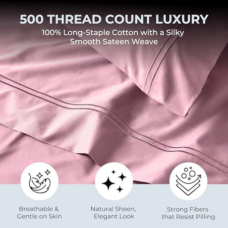 Mayil Manor 100% Natural Cotton Sheets Queen Size Bed Set | 500 TC Single-Ply Sateen Weave | Soft, Breathable, Hypoallergenic Solid 4-Piece Bedding with Deep Pocket Fitted, Flat, Pillowcase | Blush Mayil Manor