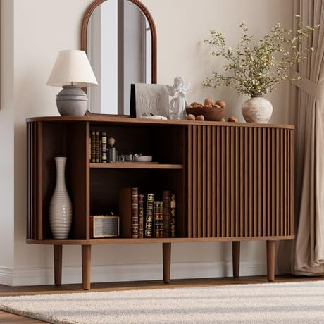 ONBRILL 55" Buffet Sideboard Cabinet with Sliding Doors, Mid-Century Modern Sideboard Buffet Cabinet with Storage & Adjustable Shelves, Accent Coffee Bar Console Table for Kitchen, Entryway, Walnut ONBRILL