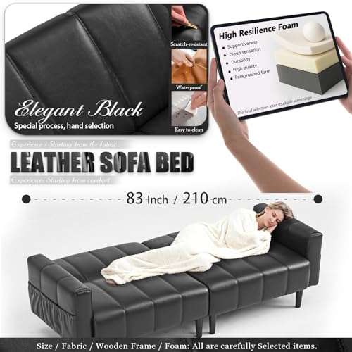 HMHKHN Comfy Faux Leather Couch for Chill Office Lounge, Adjustable Backrest, Convenient Side Pockets, Home-Ready Space-Saving Mid Century Modern Futon Sofa Bed (Black) HMHKHN