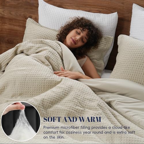 PHF Ultra Soft Waffle Weave Comforter Set King Size, 3 Pieces Lightweight Breathable Comfy Bedding Set, Comfy Textured 1 Comforter with 2 Pillow Shams, Linen PHF