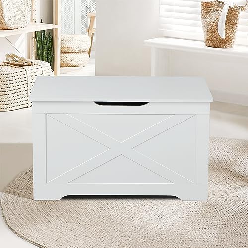 Timberer Storage Chest, Wooden Storage Bench, Entryway Shoes Bench with 2 Safety Hinges, Retro Storage Trunk for Living Room, Bedroom, 15.7 x 31.5 x 18.9 Inches, White - WoodArtSupply