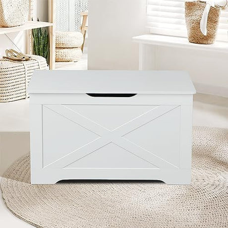 Timberer Storage Chest, Wooden Storage Bench, Entryway Shoes Bench with 2 Safety Hinges, Retro Storage Trunk for Living Room, Bedroom, 15.7 x 31.5 x 18.9 Inches, White Timberer
