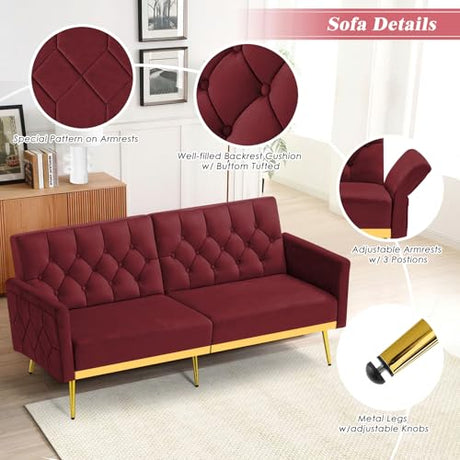 ACMEASE Velvet Sofa Bed w/Adjustable Armrests & Backrests, Modern Convertible Sleeper Sofa, Tufted Futon Sofa for Bedroom, Living Room, Apartment, Red ACMEASE