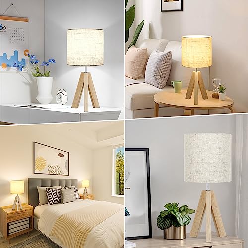 Small Table Lamp, Wooden Tripod Nightstand Lamp with Linen Fabric Shade, Cute Boho Bedroom Lamp for Nightstand, Modern Bedside Lamp for Living Room, Nursery, Kids Room, Office, Dorm, Bulb Not Included Brightever