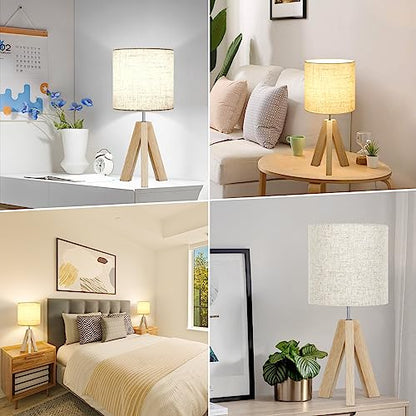 Small Table Lamp, Wooden Tripod Nightstand Lamp with Linen Fabric Shade, Cute Boho Bedroom Lamp for Nightstand, Modern Bedside Lamp for Living Room, Nursery, Kids Room, Office, Dorm, Bulb Not - WoodArtSupply