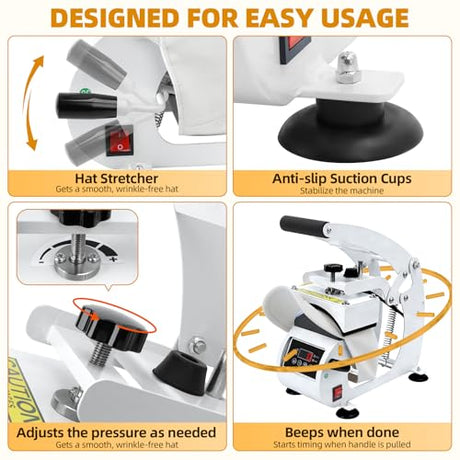 WERMAH Hat Heat Press, Hat Press Heat Machine for Caps with 2 Platens, White Hat Heat Press Machine for Caps with Non-Slip Base for Heat Transfer Vinyl WERMAH
