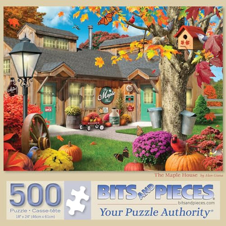 Bits and Pieces “The Maple House” Jigsaw Puzzle by Alan Giana - 300 & 500 pc Variants - 18" x 24" - Autumn Maple Syrup Store Scene, Recycled Chipboard, Random Die-Cut (500 Piece Puzzle) Bits and Pieces