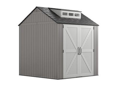 Rubbermaid Resin Outdoor Storage Shed With Floor (7 x 7 Ft), Weather Resistant, Gray, Organization for Home/Backyard/Garden Tools/Lawn Mower/Bike Storage/Pool Supplies