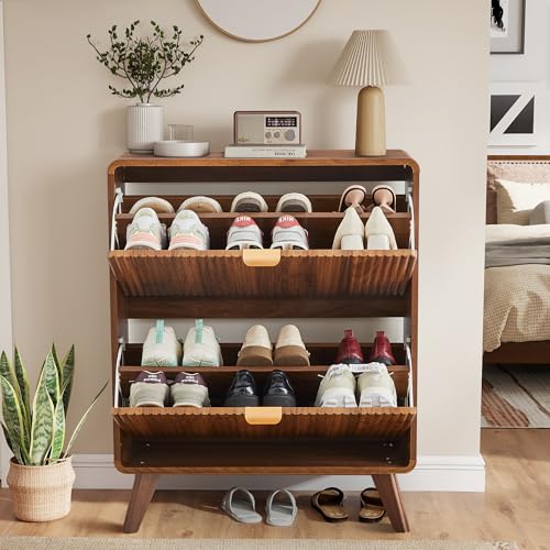 RARZOE Fluted Shoe Storage Cabinet with 2 Flip Drawers, Narrow Curved Shoe Cabinet for Entryway, Freestanding Wood Hidden Shoe Organizer Closed Shoe Rack Cabinet for Foyer, Hallway (27.5''Walnut) RARZOE