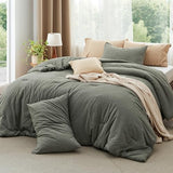 Bedsure Comforter Set Queen Size Grayish Olive Green - Cotton Fabric with Microfiber Inner Fill, Queen Comforter Set for All Seasons, 3 Pieces, 1 Comforter (90"x90") and 2 Pillow Cases (20"x26") Bedsure