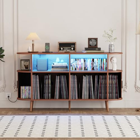 LMSXG-MZ 55.1" Fluted Record Player Stand with USB & App Control LED Lights, Mid-Century Modern Vinyl Storage Cabinet, Holds 300+ Records, Turntable Stand for Living Room(Walnut, 55.1") LMSXG-MZ