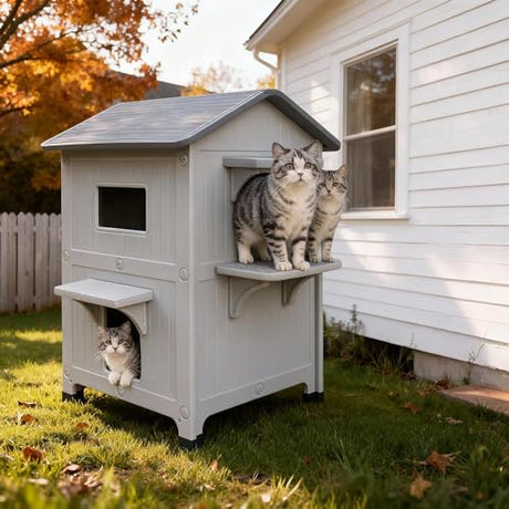 Weatherproof Outdoor Insulated Cat House for Feral Multi Cat, 2 Storey Plastic Elevated Cat Shelter with Escape Door, Easy Assemble, Expansive Interior‌ Grey 34" D x 21" W x 21.5" H HiCaptain