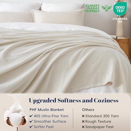 PHF 100% Cotton Muslin Blanket King Size 108"x90", 4-Layer Lightweight Gauze Throw, Breathable Cloud-Soft Minimalist Blanket for Bed, Couch, Camping & Baby, Oat Milk, Ideal Gift PHF