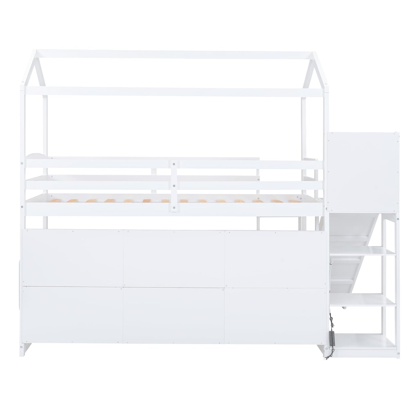 Harper & Bright Designs Kids Twin House Loft Bed with Slide, Storage Shelves and LED Light, Wood Twin Low Loft Bed with Guardrail and Ladder, Twin Playhouse Bed for Kids Teens Boys & Girls, White