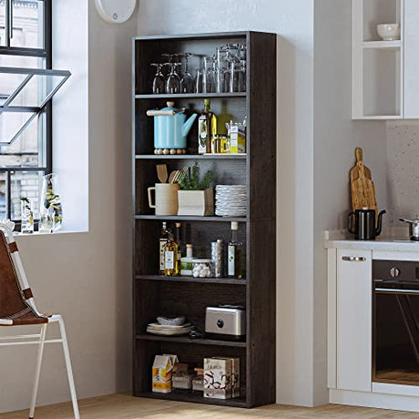 IRONCK 6-Tier Charcoal Grey Bookshelf - Tall Floor Standing Bookcase for Home Office and Living Room IRONCK