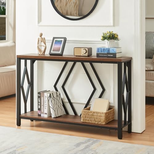HOMBAZAAR Entryway Console Table,2 Tier Industrial Sofa Table with Metal Frame,Rustic Hallway Table with Storage for Living Room,Foyer,Brown,47inch HOMBAZAAR