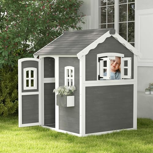 Outsunny Playhouse for Kids Outdoor, Wooden Playhouse with Floors, Doors, Windows, Planter Box, for 3-8 Years Old, Backyard, Lawn, Garden, Gray