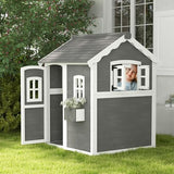 Outsunny Playhouse for Kids Outdoor, Wooden Playhouse with Floors, Doors, Windows, Planter Box, for 3-8 Years Old, Backyard, Lawn, Garden, Gray Outsunny