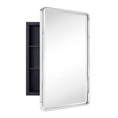 TEHOME Farmhouse Chrome Metal Framed Recessed Bathroom Medicine Cabinet with Mirror Rounded Rectangle Medicine Cabinet with Beveled Mirror, 16x24''