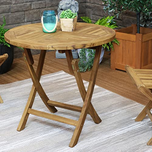 Sunnydaze Round Folding Solid Teak Outdoor Dining Table - Light Wood Stain Finish - 31 Inches Sunnydaze