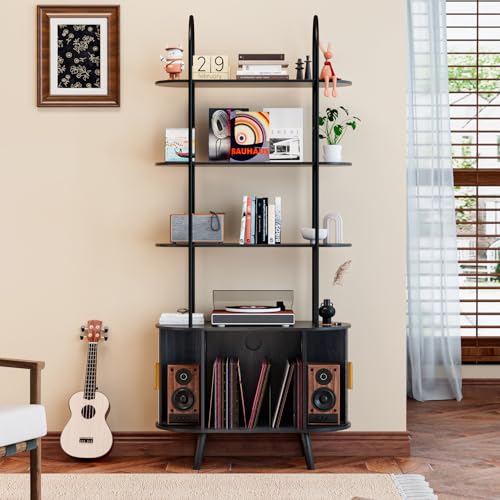 Tall Vinyl Record Player Stand, Black Small Record Storage Cabinet, 4 Tier Arched Bookshelf with Sliding Doors, Fluted Media Display Shelf, Mid Century Modern Turntable Stand for Living Room, Retro Woemtoric