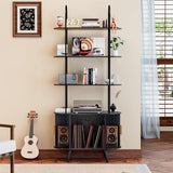 Tall Vinyl Record Player Stand, Black Small Record Storage Cabinet, 4 Tier Arched Bookshelf with Sliding Doors, Fluted Media Display Shelf, Mid Century Modern Turntable Stand for Living Room, Retro Woemtoric