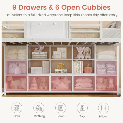 VIAGDO Twin Size Low Loft Bed with 9 Storage Drawers, Bookcase and LED Lights, House-Shaped Metal Twin Loft Bed with Step Stool and Safety Guardrail, Kids Loft Bed with Under-Bed Play Space, White VIAGDO