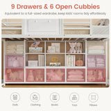 VIAGDO Twin Size Low Loft Bed with 9 Storage Drawers, Bookcase and LED Lights, House-Shaped Metal Twin Loft Bed with Step Stool and Safety Guardrail, Kids Loft Bed with Under-Bed Play Space, White VIAGDO