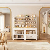 LIKIMIO Baker Rack with Power Outlet & Drawer, Coffee Bar Cabinet with Storage, Farmhouse Microwave Stand with Hutch and 5 Hooks for Kitchen, White LIKIMIO