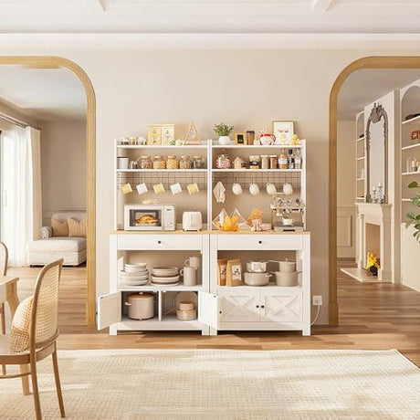 LIKIMIO Baker Rack with Power Outlet & Drawer, Coffee Bar Cabinet with Storage, Farmhouse Microwave Stand with Hutch and 5 Hooks for Kitchen, White LIKIMIO