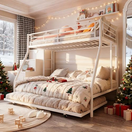 SUNLEI Metal Bunk Beds with Double Secured Ladders, Bunk Bed Twin Over Full with Surrounded Safety Guardrails, Space Saver Beds with Trundle, Noise Free for Small Bedroom, Creamy White SUNLEI