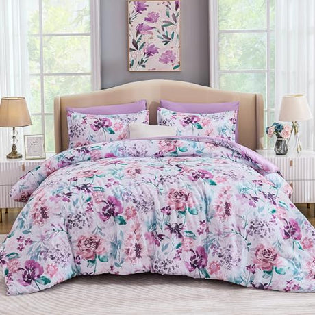 Luxudecor Floral Comforter Set Queen Size 7 Pieces Bed in a Bag, Purple Flower Watercolor Bed Set, Soft Comforter with Sheet Set 90"x90" Luxudecor