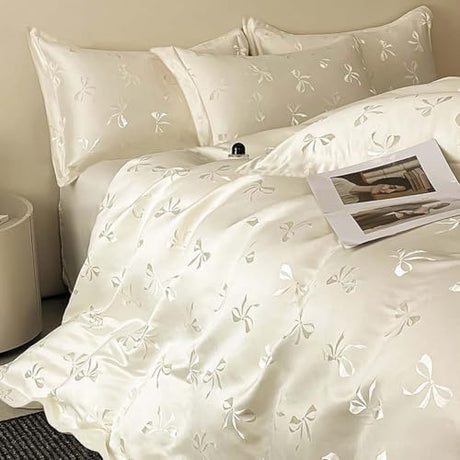 Nayoroom Bow Duvet Cover Queen Size Cooling Duvet Cover for Hot Sleepers 3 Pieces Elegant Cream White Satin Jacquard Breathable Bedding Set with Zipper Closure, Girls Dorm Bedding Nayoroom
