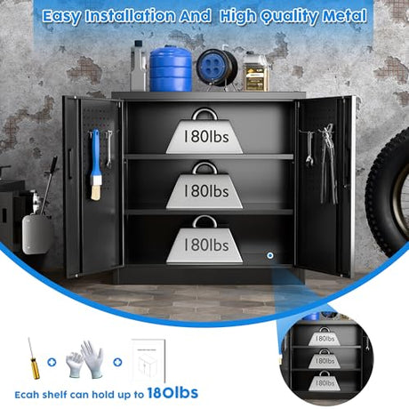 JAORD Metal Storage Cabinet with 2 Lockable Doors and 2 Adjustable Shelves, Locking Garage Storage Cabinet with Pegboard, Small Metal Cabinet with Lock for Garage, Home, Black, Assembly Required JAORD