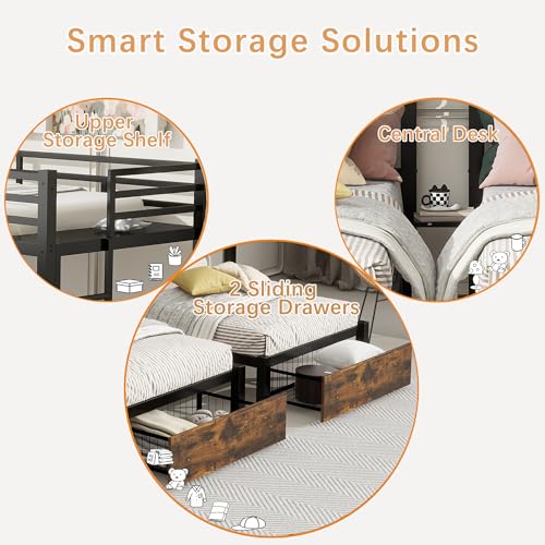 kuurfuurdo Metal Triple Bunk Bed for Kids, Detachable TwinXL Over Twin Over Twin Triple Bunk Bed with Guardrails, Ladder & Storage Drawer, Converts to 3 Separate Beds (3 Bunk Beds for Kids) kuurfuurdo